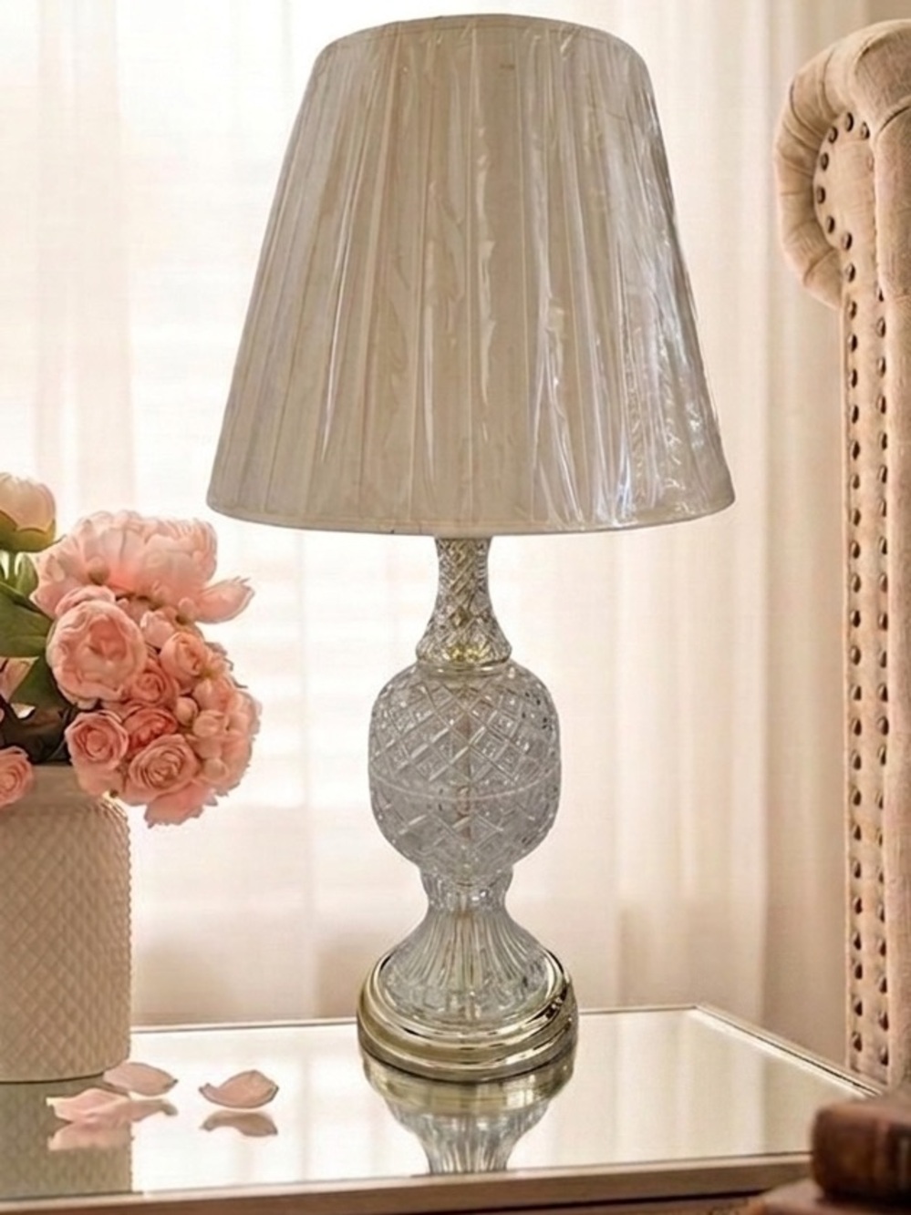 VTG Hollywood Regency Cut Crystal Table Lamp Tramore Pattern Brass Leviton 30”